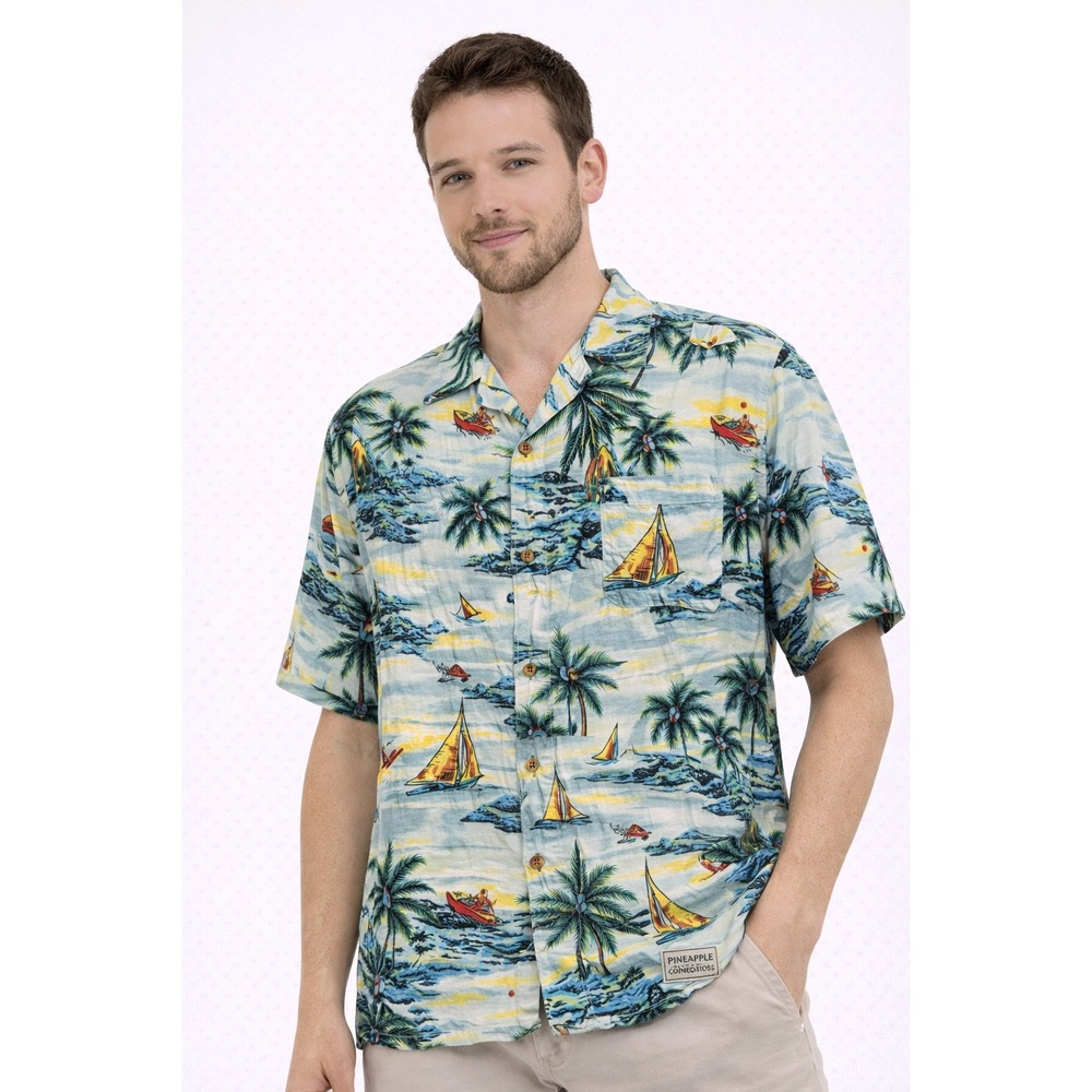 Pineapple Connection Button Up Shirt Mens XL Blue Tropical Sailboat Aloha Shirt